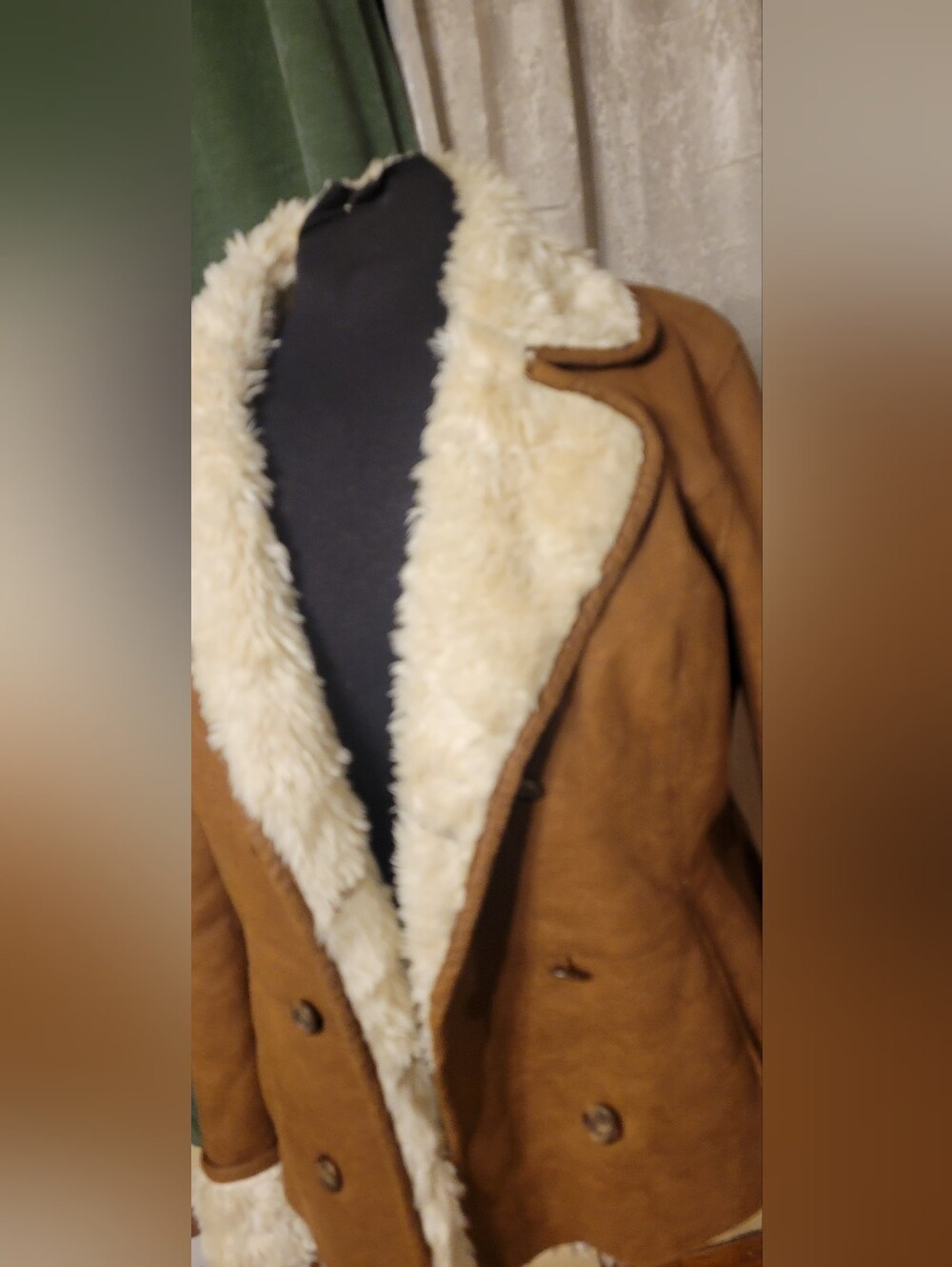 Women's Tan Faux-Suede Double-Breasted Shearling Jacket - Picture 6 of 11